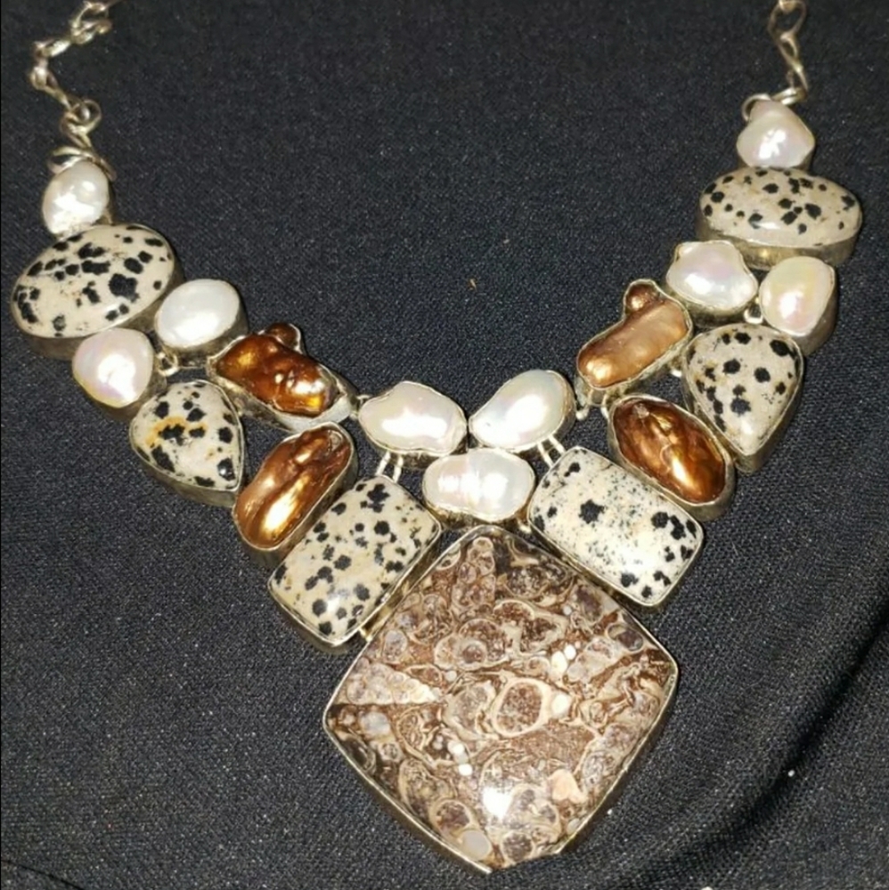 CHUNKY Lace Agate, Pearl Sterling Silver Necklace